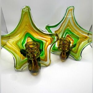 VTG Sooner MCM Green Amber Blown Glass Starfish Horn Of Plenty Taper Holder